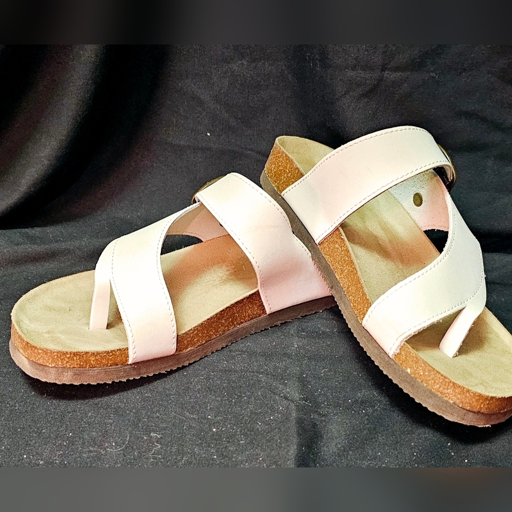 White Sandals with Textured Straps and Cork Sole
